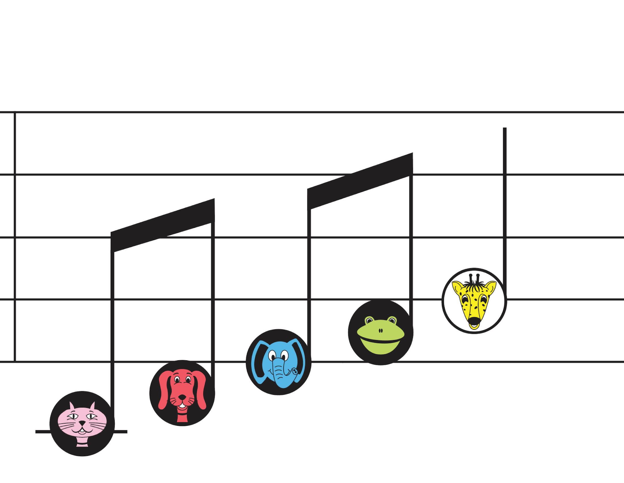 Five Piano-K animal notes on a musical staff