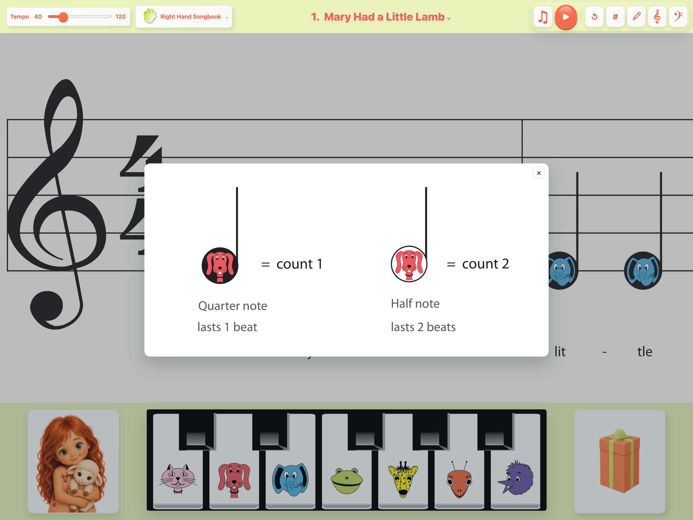 Piano-K instruction card explaining note values
