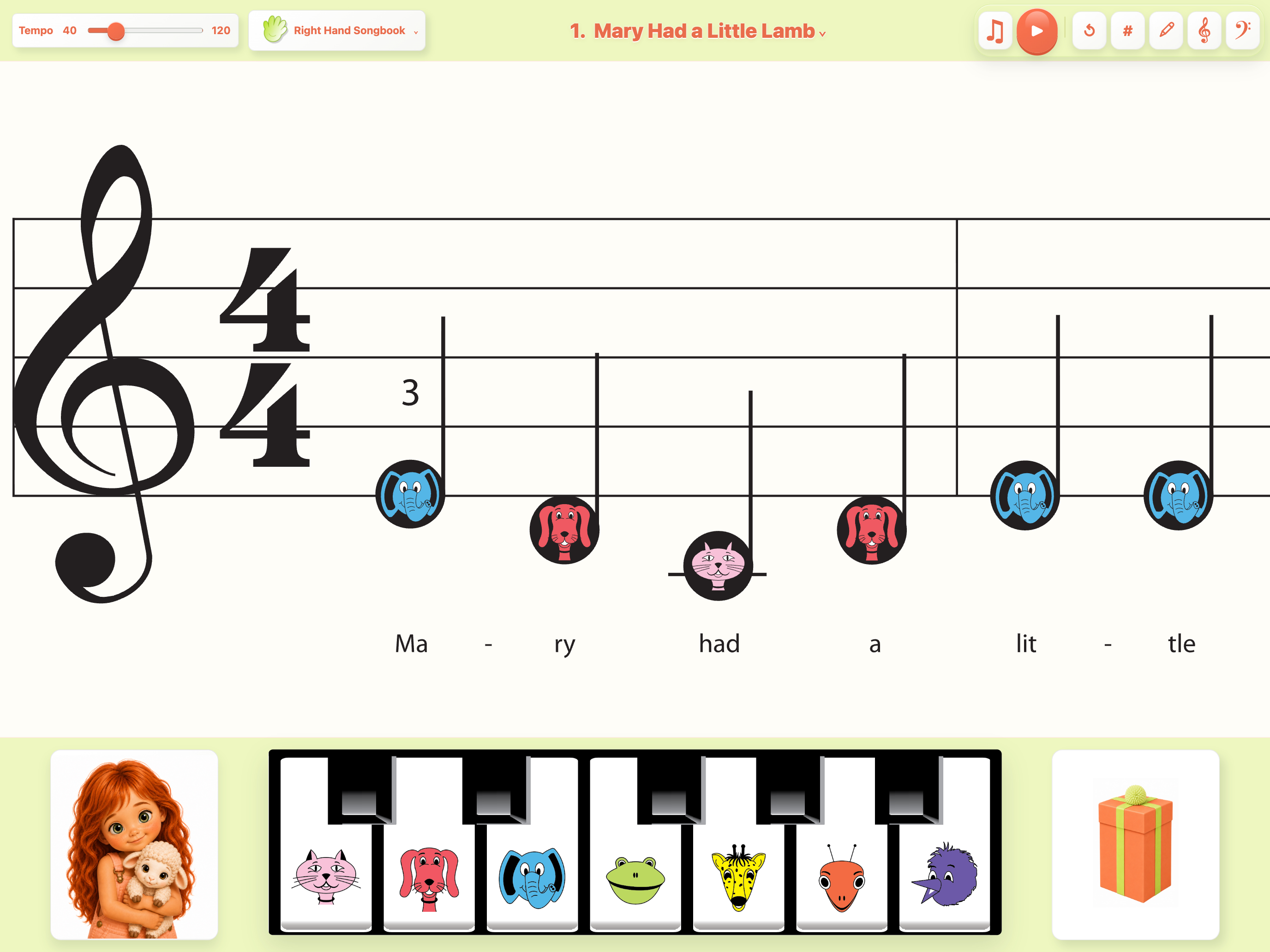 Piano-K score with animal notes and matching piano keyboard